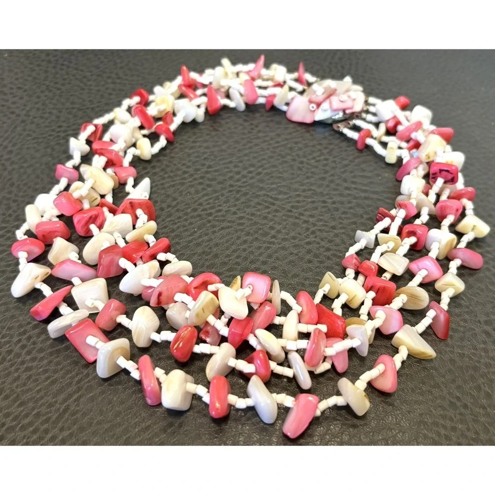 Vintage 5 Multi Strand Mother Of Pearl Chip Chunky Spring Summer Boho Necklace